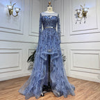 Vestido de noche azul elegante de corte A con encaje y plumas, estilo árabe, de lujo, para mujer, boda, fiesta, LA71935A 