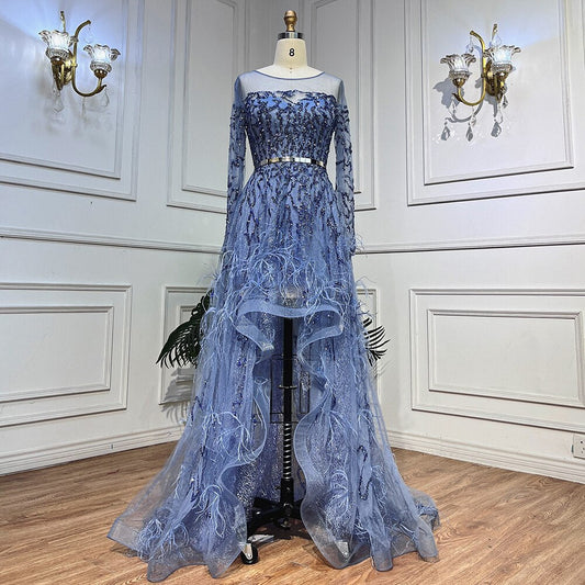 Blau Elegante EINE Linie Spitze Perlen Federn Arabisch Luxus Abendkleider Kleider 2025 Für Frauen Hochzeit Party LA71935A 