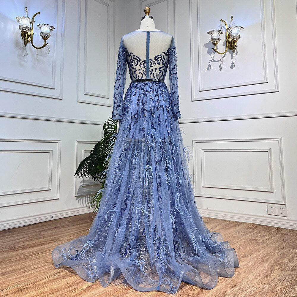 Blau Elegante EINE Linie Spitze Perlen Federn Arabisch Luxus Abendkleider Kleider 2025 Für Frauen Hochzeit Party LA71935A 