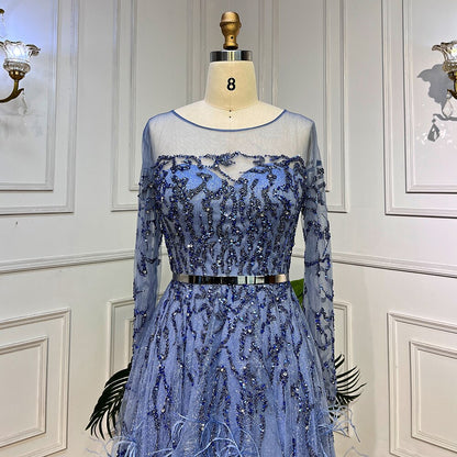 Blau Elegante EINE Linie Spitze Perlen Federn Arabisch Luxus Abendkleider Kleider 2025 Für Frauen Hochzeit Party LA71935A 