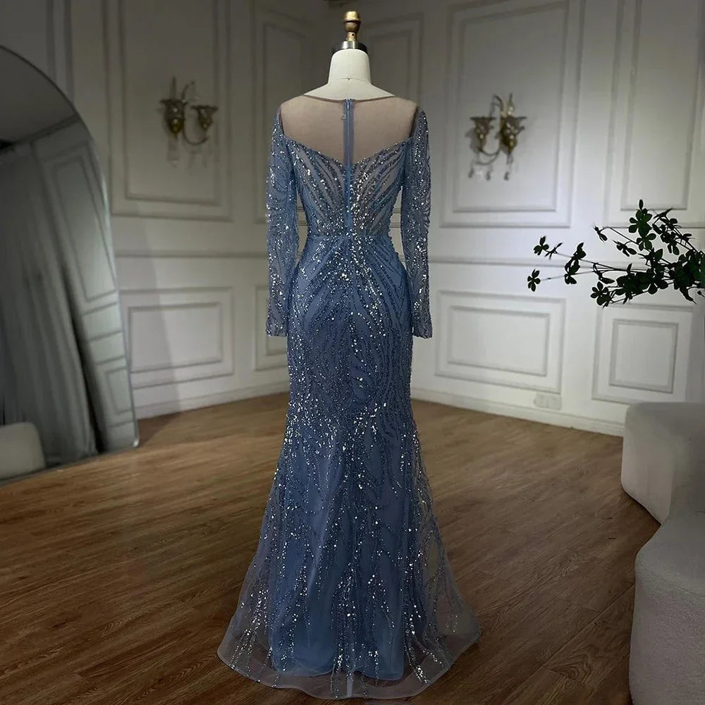 Vestidos de noche elegantes de sirena azul de Dubái, Arabia Saudita, con cuentas y perlas, para mujer, para boda, fiesta, LA72264 