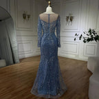 Vestidos de noche elegantes de sirena azul de Dubái, Arabia Saudita, con cuentas y perlas, para mujer, para boda, fiesta, LA72264 