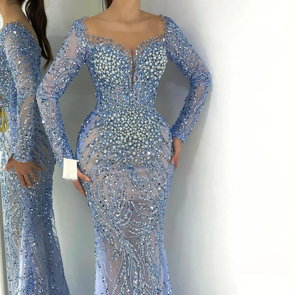Vestidos de noche elegantes de sirena azul de Dubái, Arabia Saudita, con cuentas y perlas, para mujer, para boda, fiesta, LA72264 