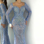 Vestidos de noche elegantes de sirena azul de Dubái, Arabia Saudita, con cuentas y perlas, para mujer, para boda, fiesta, LA72264 