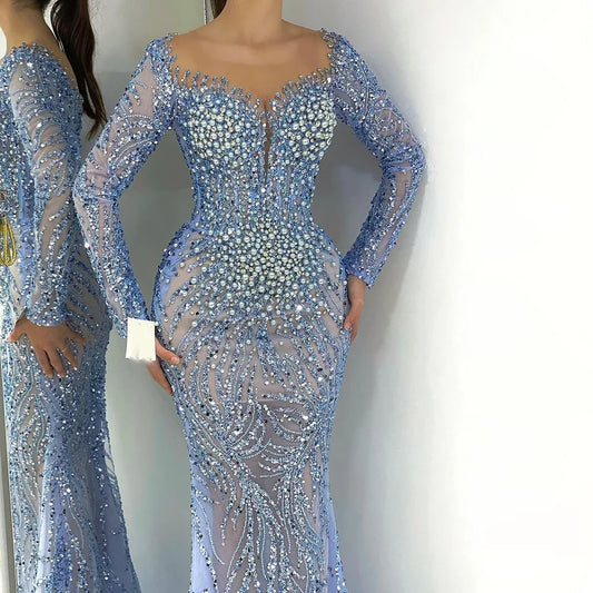 Blau Elegante Meerjungfrau Dubai Arabien Luxus Perlen Perlen Abendkleider Kleider 2025 Für Frauen Hochzeit Party LA72264 