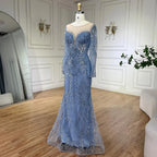 Vestidos de noche elegantes de sirena azul de Dubái, Arabia Saudita, con cuentas y perlas, para mujer, para boda, fiesta, LA72264 