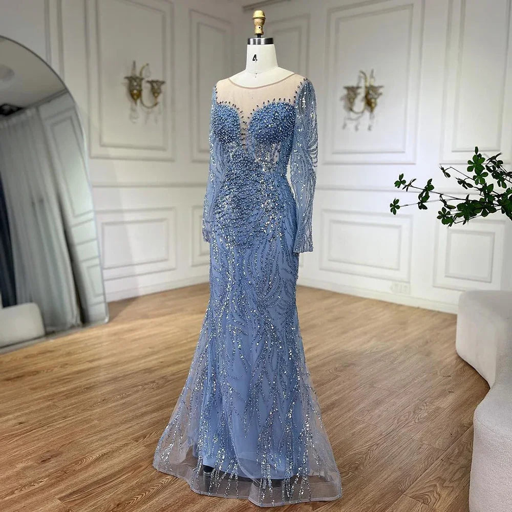 Vestidos de noche elegantes de sirena azul de Dubái, Arabia Saudita, con cuentas y perlas, para mujer, para boda, fiesta, LA72264 