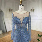 Vestidos de noche elegantes de sirena azul de Dubái, Arabia Saudita, con cuentas y perlas, para mujer, para boda, fiesta, LA72264 