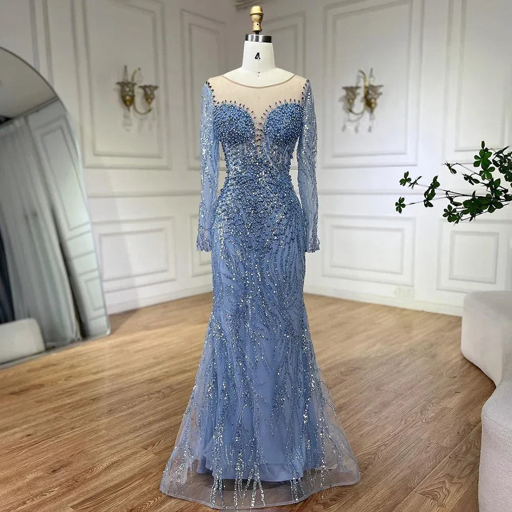 Vestidos de noche elegantes de sirena azul de Dubái, Arabia Saudita, con cuentas y perlas, para mujer, para boda, fiesta, LA72264 