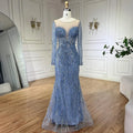 Vestidos de noche elegantes de sirena azul de Dubái, Arabia Saudita, con cuentas y perlas, para mujer, para boda, fiesta, LA72264 