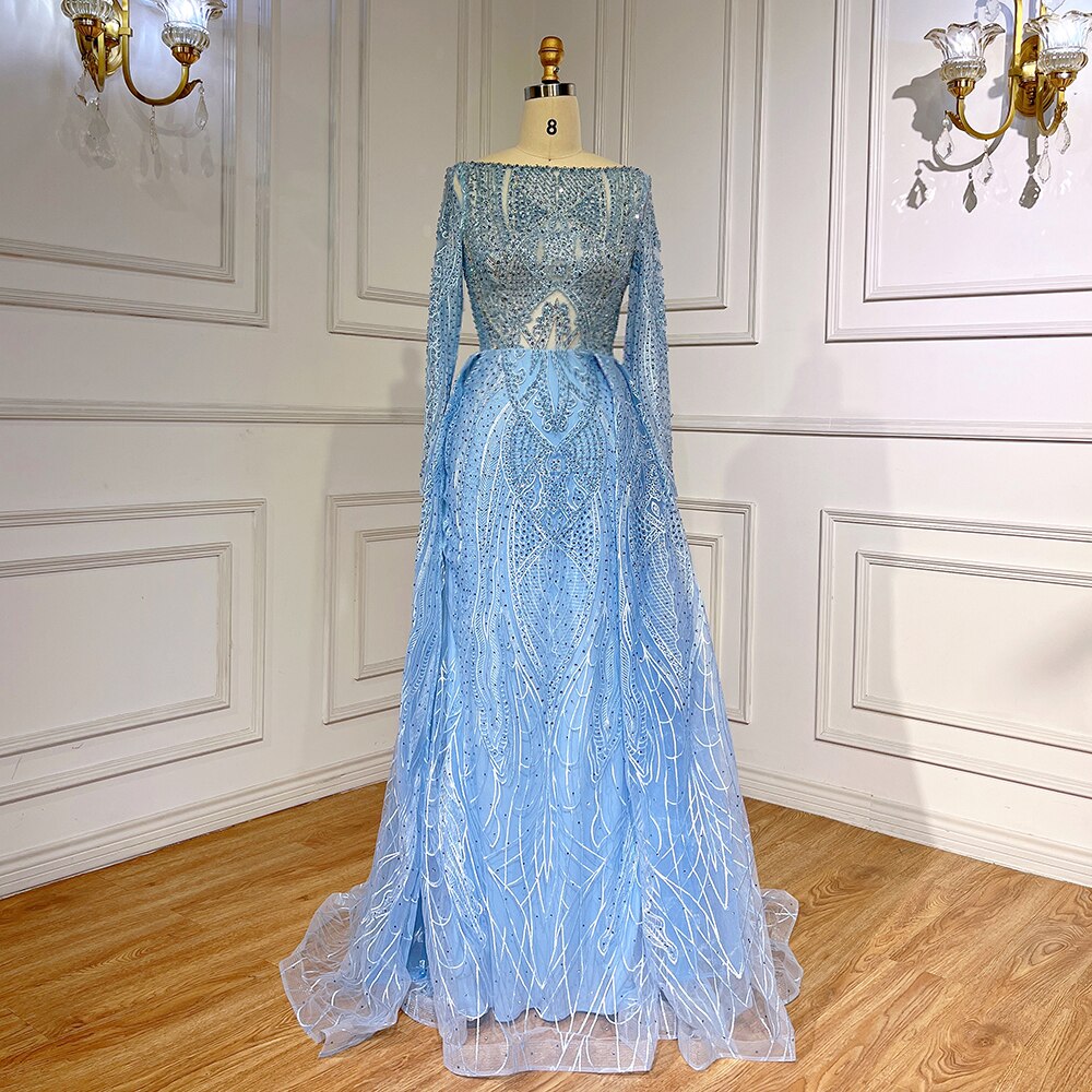 Blau Elegante Meerjungfrau Über Rock Spitze Perlen Bodenlangen Muslimischen Abendkleider Kleider Für Frauen Party 2025 LA71830 