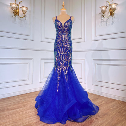 Blau Elegante Meerjungfrau Sexy Backless Spaghetti-trägern Perlen Luxus Arabisch Abendkleider Kleider Für Frauen Party LA71791 