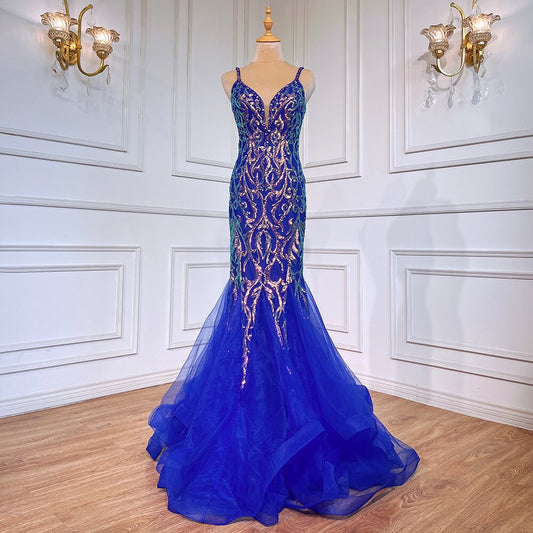 Blau Elegante Meerjungfrau Sexy Backless Spaghetti-trägern Perlen Luxus Arabisch Abendkleider Kleider Für Frauen Party LA71791 
