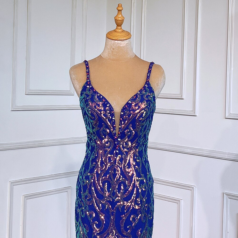 Blau Elegante Meerjungfrau Sexy Backless Spaghetti-trägern Perlen Luxus Arabisch Abendkleider Kleider Für Frauen Party LA71791 