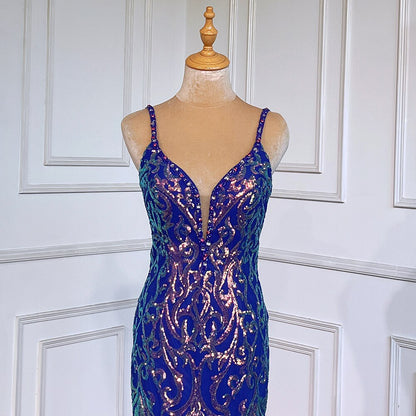 Blau Elegante Meerjungfrau Sexy Backless Spaghetti-trägern Perlen Luxus Arabisch Abendkleider Kleider Für Frauen Party LA71791 