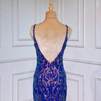 Blue Elegant Mermaid Sexy Backless Spaghetti Straps Beaded Luxury Arabic Evening Dresses Gowns For Women Party LA71791