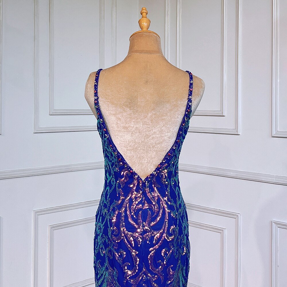 Blau Elegante Meerjungfrau Sexy Backless Spaghetti-trägern Perlen Luxus Arabisch Abendkleider Kleider Für Frauen Party LA71791 