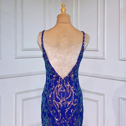 Blau Elegante Meerjungfrau Sexy Backless Spaghetti-trägern Perlen Luxus Arabisch Abendkleider Kleider Für Frauen Party LA71791 