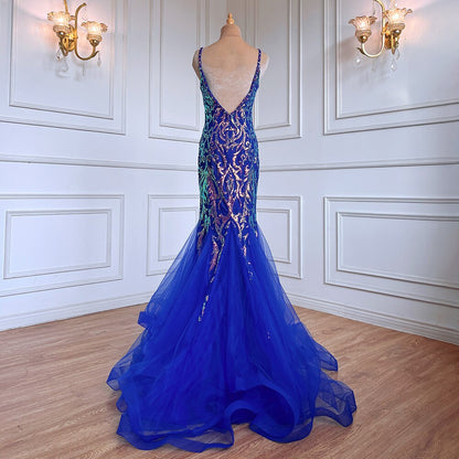 Blau Elegante Meerjungfrau Sexy Backless Spaghetti-trägern Perlen Luxus Arabisch Abendkleider Kleider Für Frauen Party LA71791 