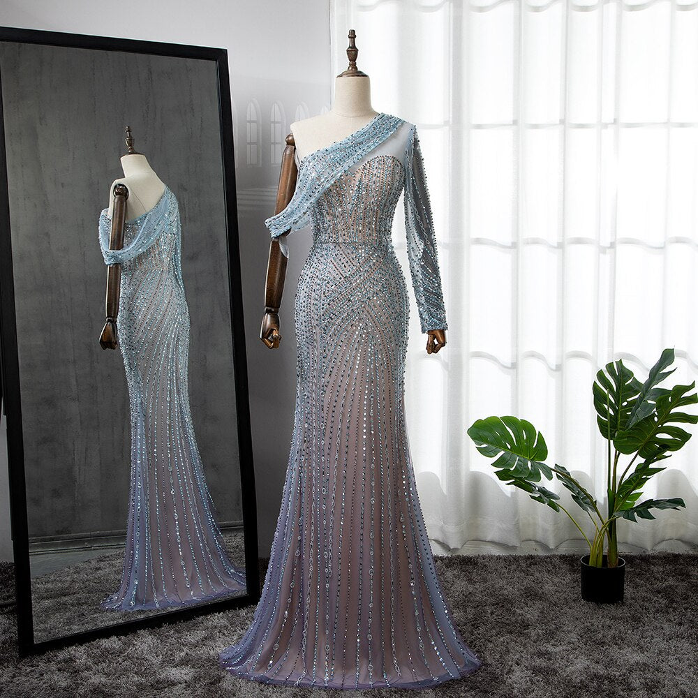 Blau Elegante Meerjungfrau Sexy Eine Schulter Perlen Luxus Abendkleider Kleider Für Frauen Party 2025 LA71429A 