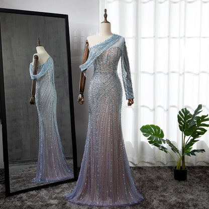 Blau Elegante Meerjungfrau Sexy Eine Schulter Perlen Luxus Abendkleider Kleider Für Frauen Party 2025 LA71429A 