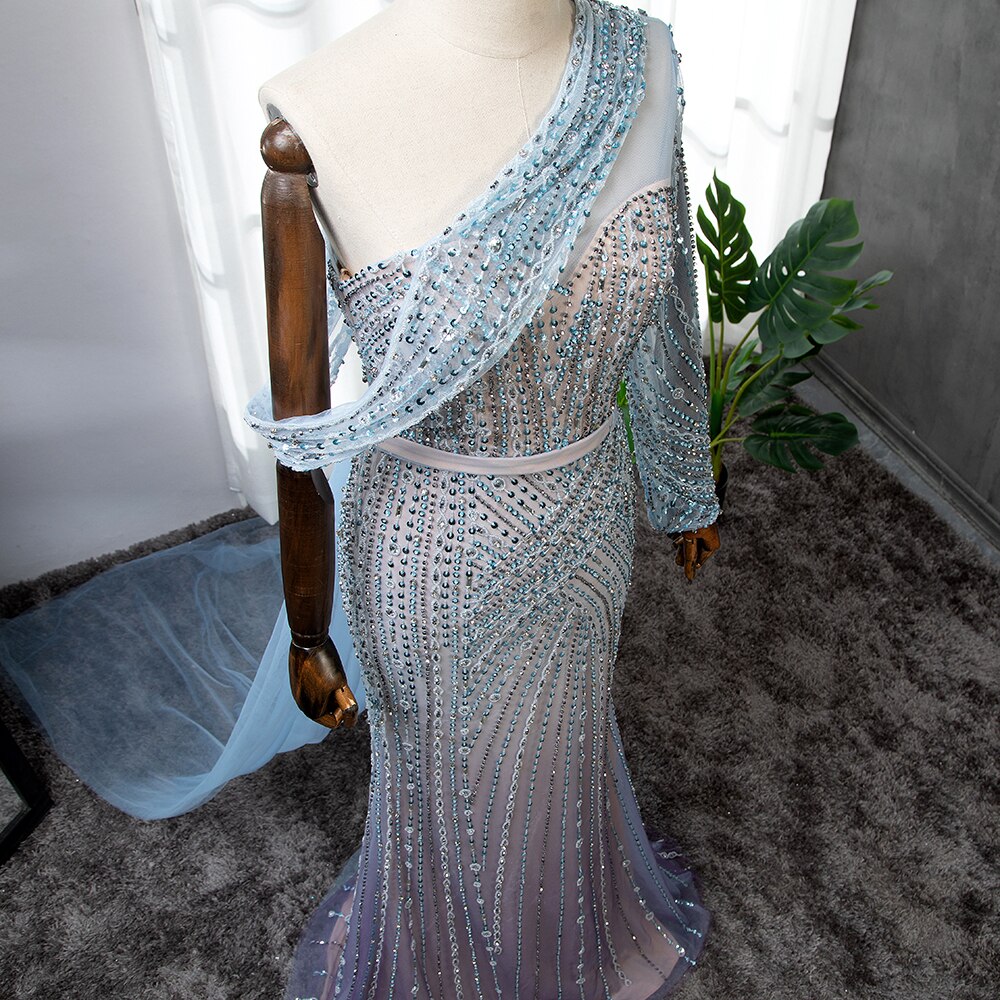 Blau Elegante Meerjungfrau Sexy Eine Schulter Perlen Luxus Abendkleider Kleider Für Frauen Party 2025 LA71429A 