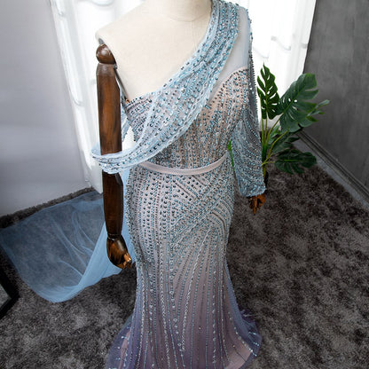 Blau Elegante Meerjungfrau Sexy Eine Schulter Perlen Luxus Abendkleider Kleider Für Frauen Party 2025 LA71429A 
