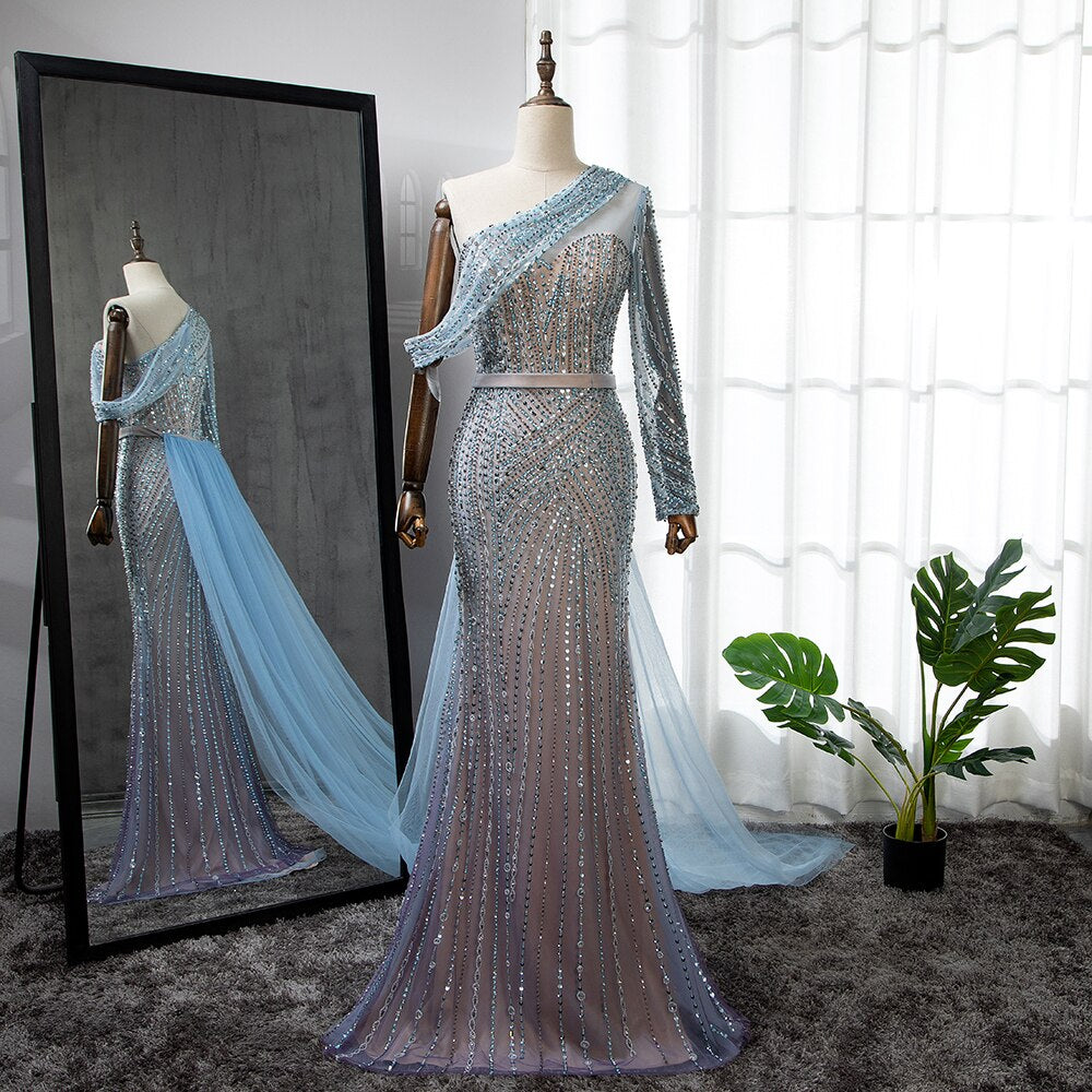 Blau Elegante Meerjungfrau Sexy Eine Schulter Perlen Luxus Abendkleider Kleider Für Frauen Party 2025 LA71429A 