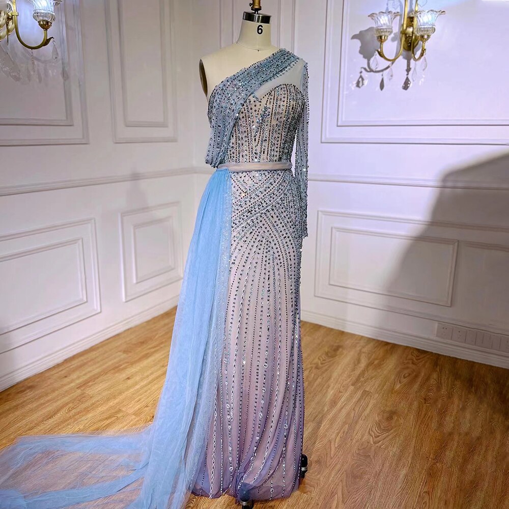 Blue Elegant Mermaid Sexy One Shoulder Beaded Luxury  Evening Dresses Gowns For Women Party 2025 LA71429A