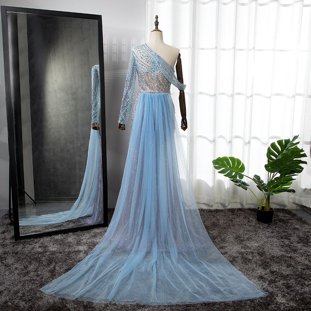 Blau Elegante Meerjungfrau Sexy Eine Schulter Perlen Luxus Abendkleider Kleider Für Frauen Party 2025 LA71429A 