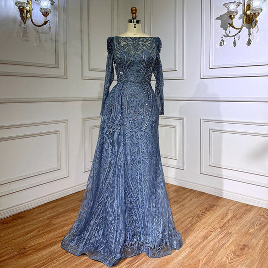 Blau Elegante Über Rock Meerjungfrau Sexy Spitze Perlen Luxus Abendkleider Kleider Für Frauen Muslimischen Partei 2025 LA71833 