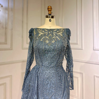Blau Elegante Über Rock Meerjungfrau Sexy Spitze Perlen Luxus Abendkleider Kleider Für Frauen Muslimischen Partei 2025 LA71833 