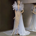 Blaue Feder Perlen Abendkleider Kleider 2025 Meerjungfrau Luxus Elegante Für Frauen Party LA71587 