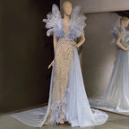 Blaue Feder Perlen Abendkleider Kleider 2025 Meerjungfrau Luxus Elegante Für Frauen Party LA71587 