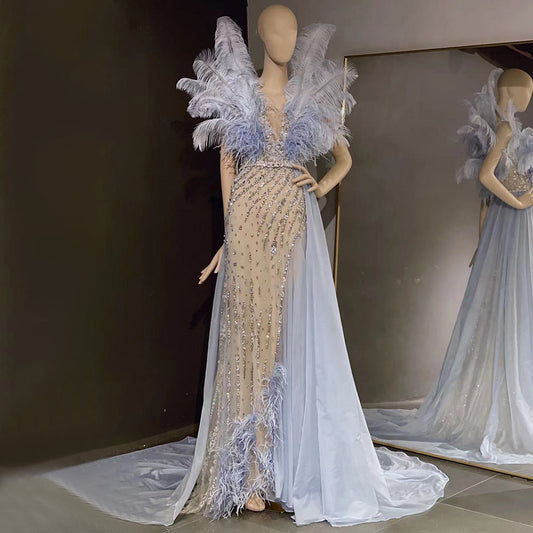 Blaue Feder Perlen Abendkleider Kleider 2025 Meerjungfrau Luxus Elegante Für Frauen Party LA71587 
