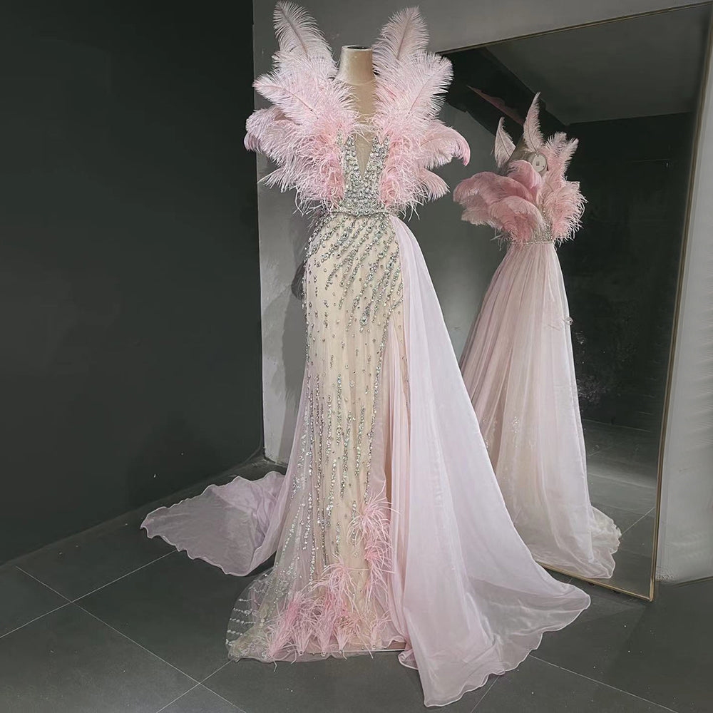 Blaue Feder Perlen Abendkleider Kleider 2025 Meerjungfrau Luxus Elegante Für Frauen Party LA71587 