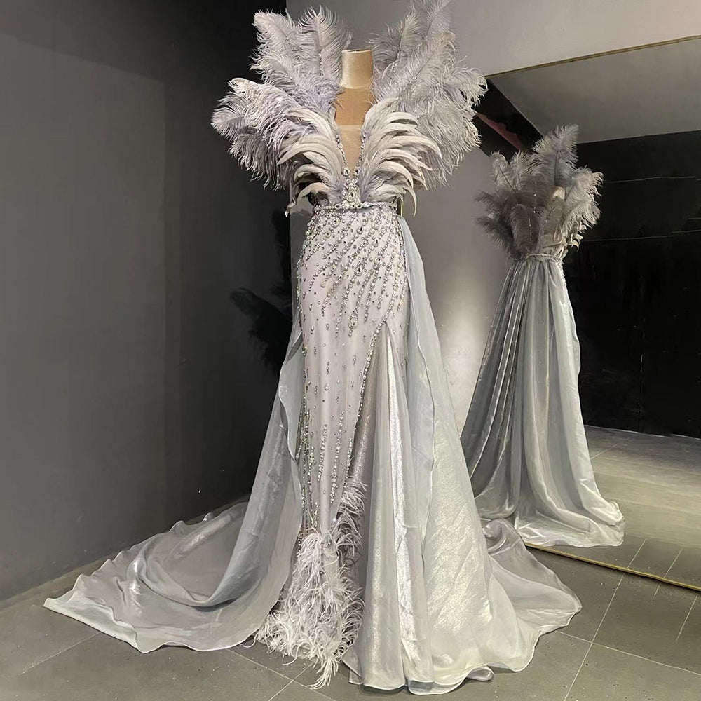 Blaue Feder Perlen Abendkleider Kleider 2025 Meerjungfrau Luxus Elegante Für Frauen Party LA71587 