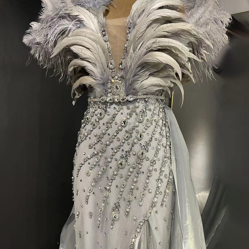 Blaue Feder Perlen Abendkleider Kleider 2025 Meerjungfrau Luxus Elegante Für Frauen Party LA71587 
