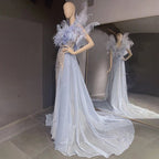 Blaue Feder Perlen Abendkleider Kleider 2025 Meerjungfrau Luxus Elegante Für Frauen Party LA71587 