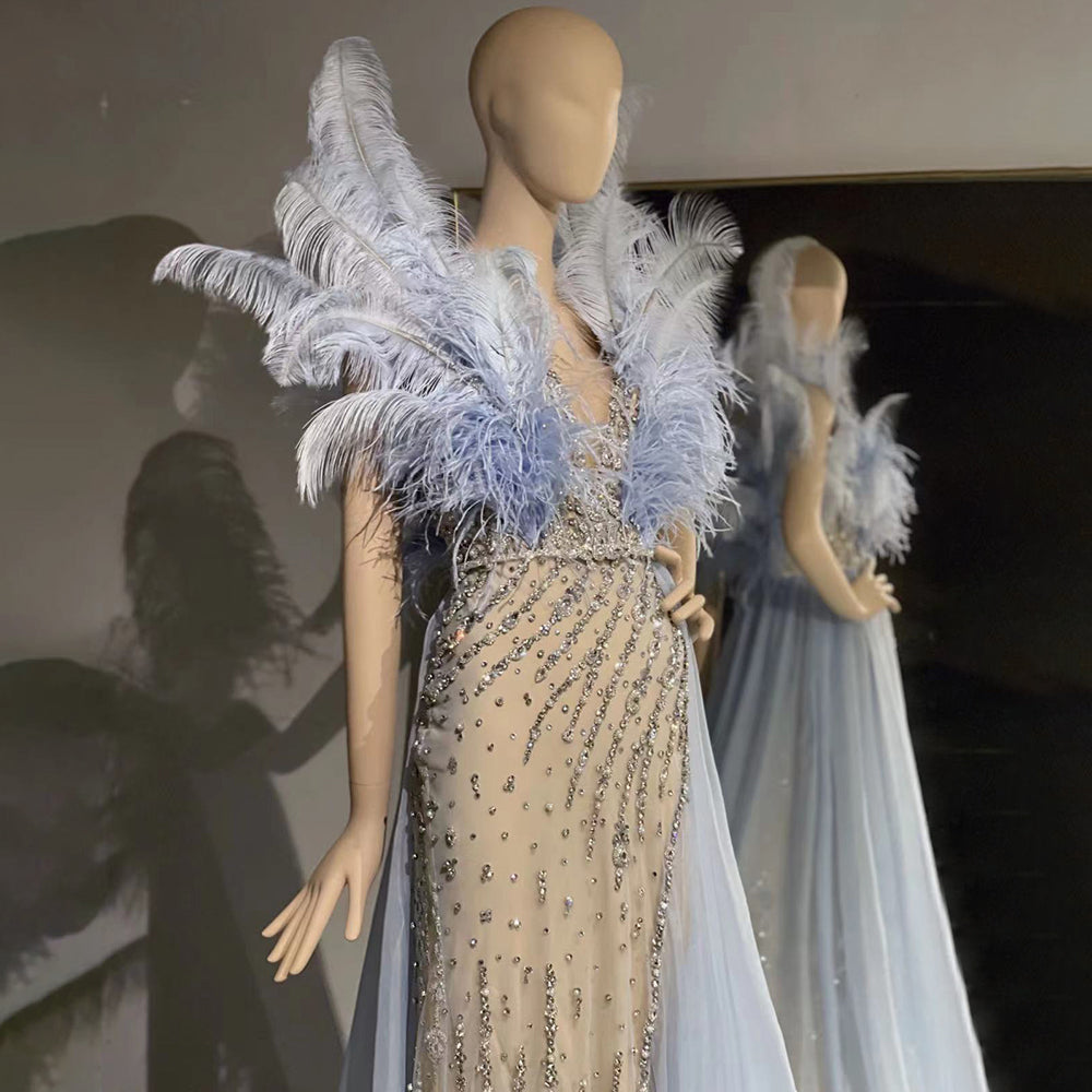 Blaue Feder Perlen Abendkleider Kleider 2025 Meerjungfrau Luxus Elegante Für Frauen Party LA71587 