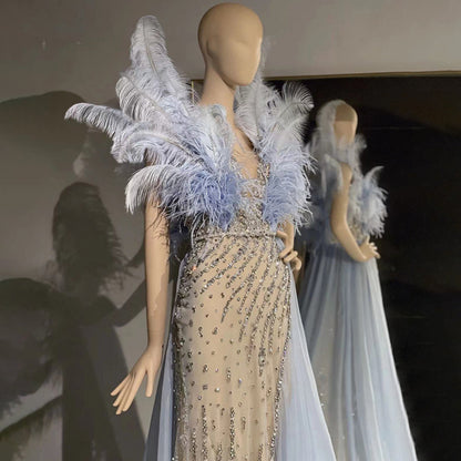 Blaue Feder Perlen Abendkleider Kleider 2025 Meerjungfrau Luxus Elegante Für Frauen Party LA71587 