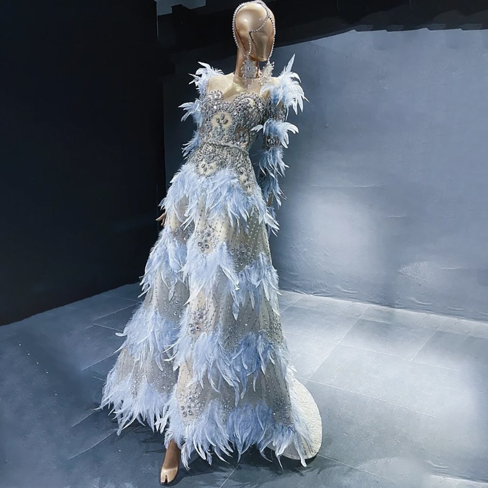Blaue Federn Luxus Perlen A-Linie Lange Ärmel Elegantes Abendkleid 2025 Für Frauen Formales Partykleid LA71816 