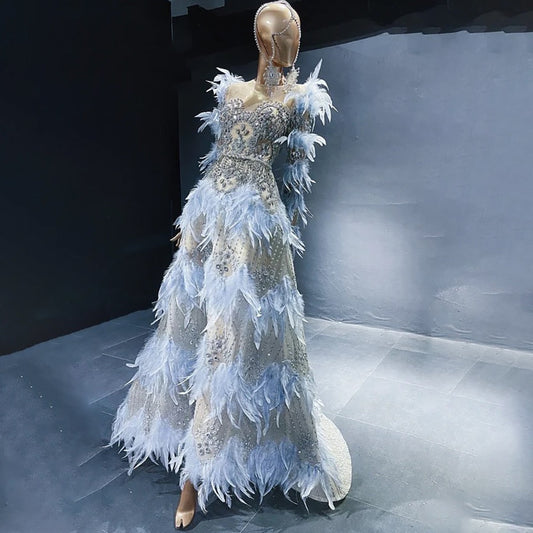 Blaue Federn Luxus Perlen A-Linie Lange Ärmel Elegantes Abendkleid 2025 Für Frauen Formales Partykleid LA71816 