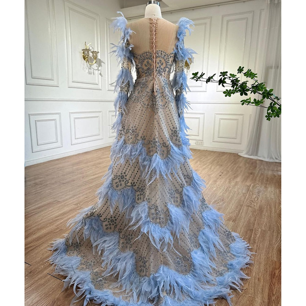 Blaue Federn Luxus Perlen A-Linie Lange Ärmel Elegantes Abendkleid 2025 Für Frauen Formales Partykleid LA71816 