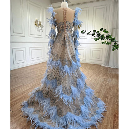 Blaue Federn Luxus Perlen A-Linie Lange Ärmel Elegantes Abendkleid 2025 Für Frauen Formales Partykleid LA71816 