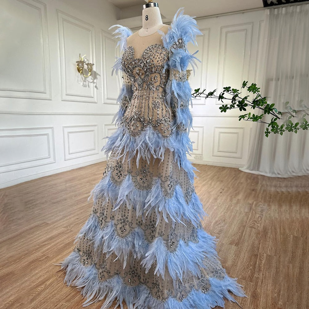 Blaue Federn Luxus Perlen A-Linie Lange Ärmel Elegantes Abendkleid 2025 Für Frauen Formales Partykleid LA71816 