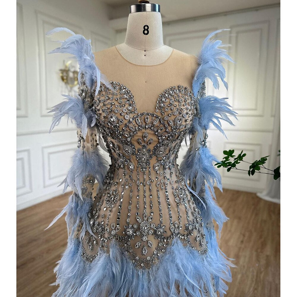 Blaue Federn Luxus Perlen A-Linie Lange Ärmel Elegantes Abendkleid 2025 Für Frauen Formales Partykleid LA71816 
