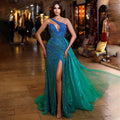 Blau Grün Meerjungfrau Sexy High Split Eine Schulter Perlen Lange Abendkleider Kleider Für Frauen Hochzeit Party LA72104 