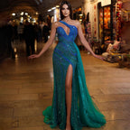 Blau Grün Meerjungfrau Sexy High Split Eine Schulter Perlen Lange Abendkleider Kleider Für Frauen Hochzeit Party LA72104 