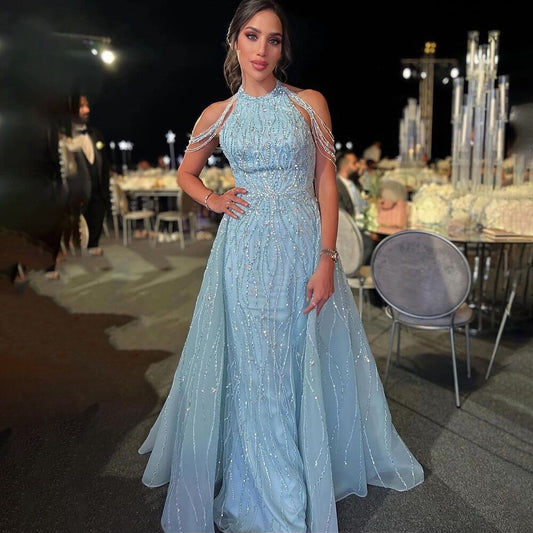 Vestido de noche elegante de sirena, sin mangas y con cuello halter azul, con sobrefalda y cuentas, 2025, vestidos de fiesta formales para mujer LA72054 